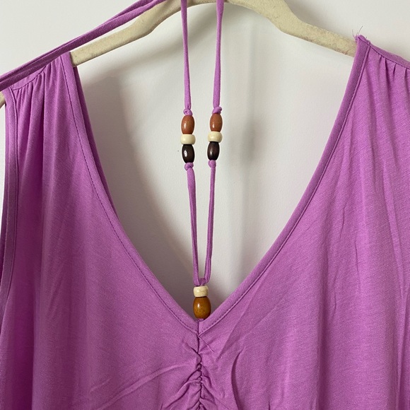 New York & Company Purple Beaded Halter Wide Leg Boho Relaxed Pockets Jumpsuit - Picture 8 of 9